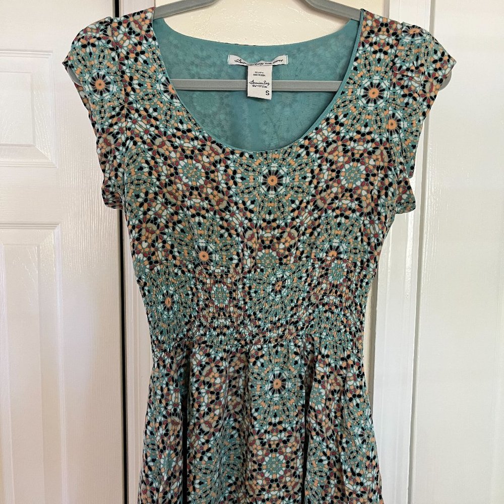 American Rag Ruffle Teal Green Mosaic GeoShort-sleeved Dress - Small